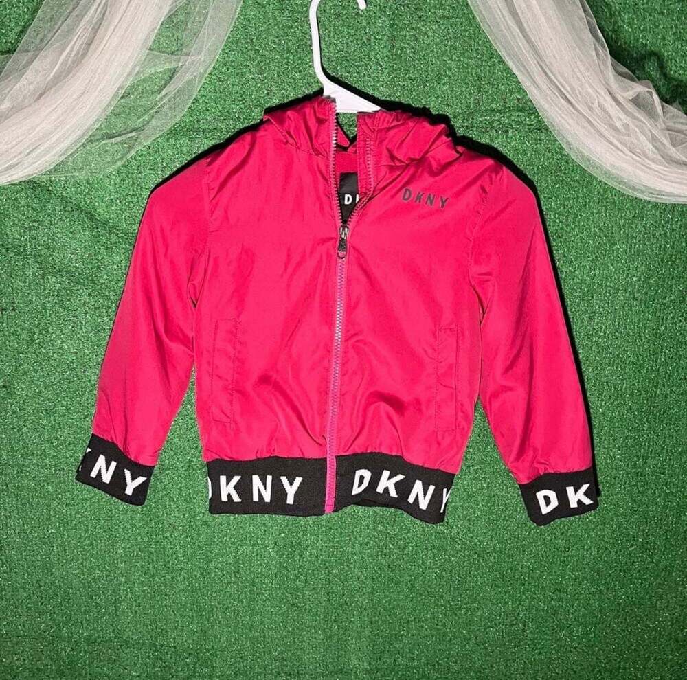 DKNY Kids Pink Full Zip Hooded Jacket with Logo Cuffs Size 5/6